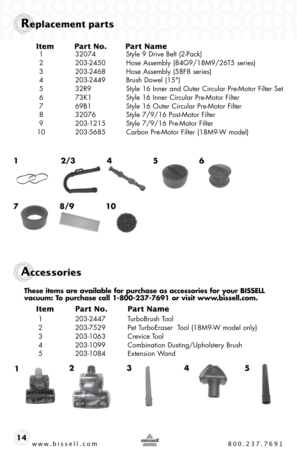 Ccessories, Eplacement parts | Bissell Power Clean 62X5 User Manual | Page 14 / 16