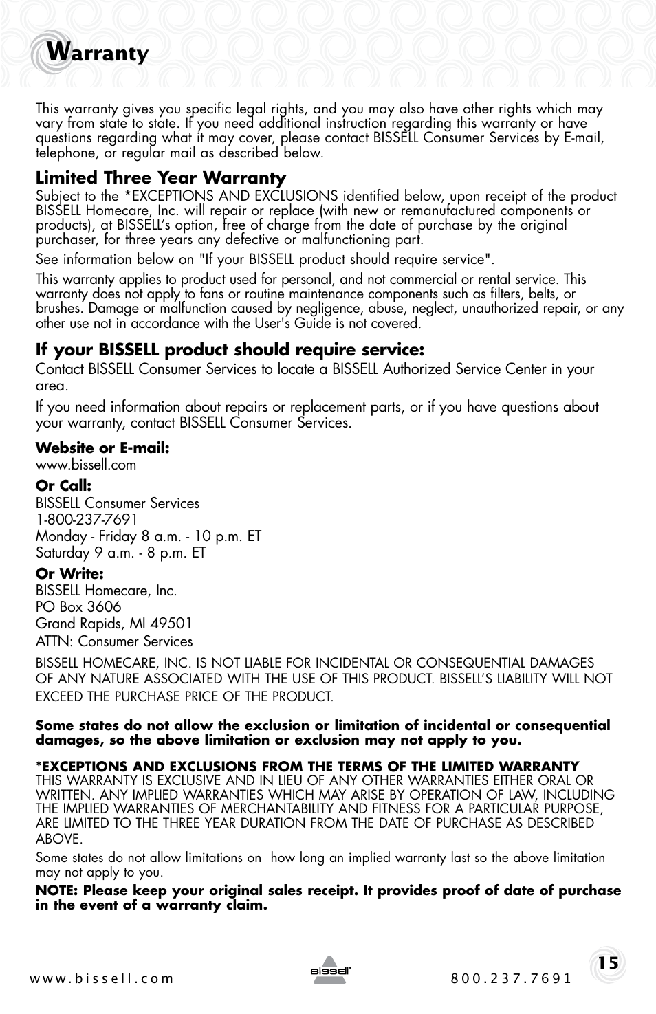 Arranty | Bissell Power Clean 62X5 User Manual | Page 15 / 16