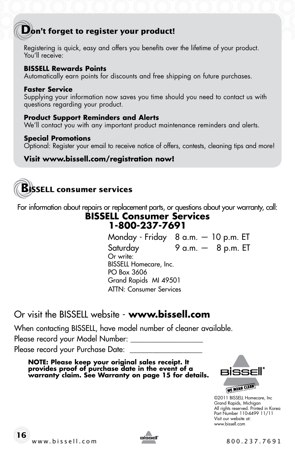 Bissell Power Clean 62X5 User Manual | Page 16 / 16