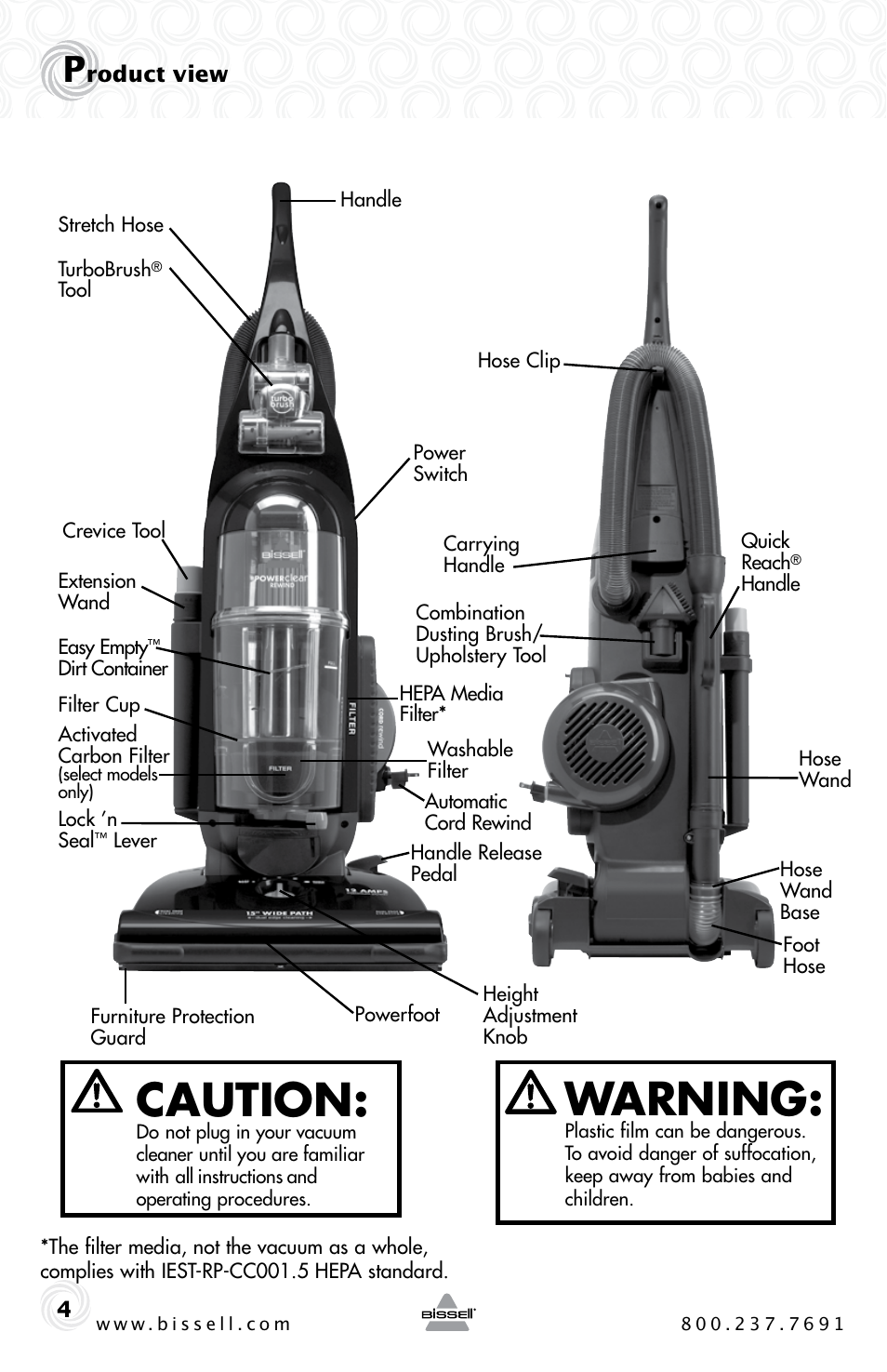 Warning, Caution | Bissell Power Clean 62X5 User Manual | Page 4 / 16