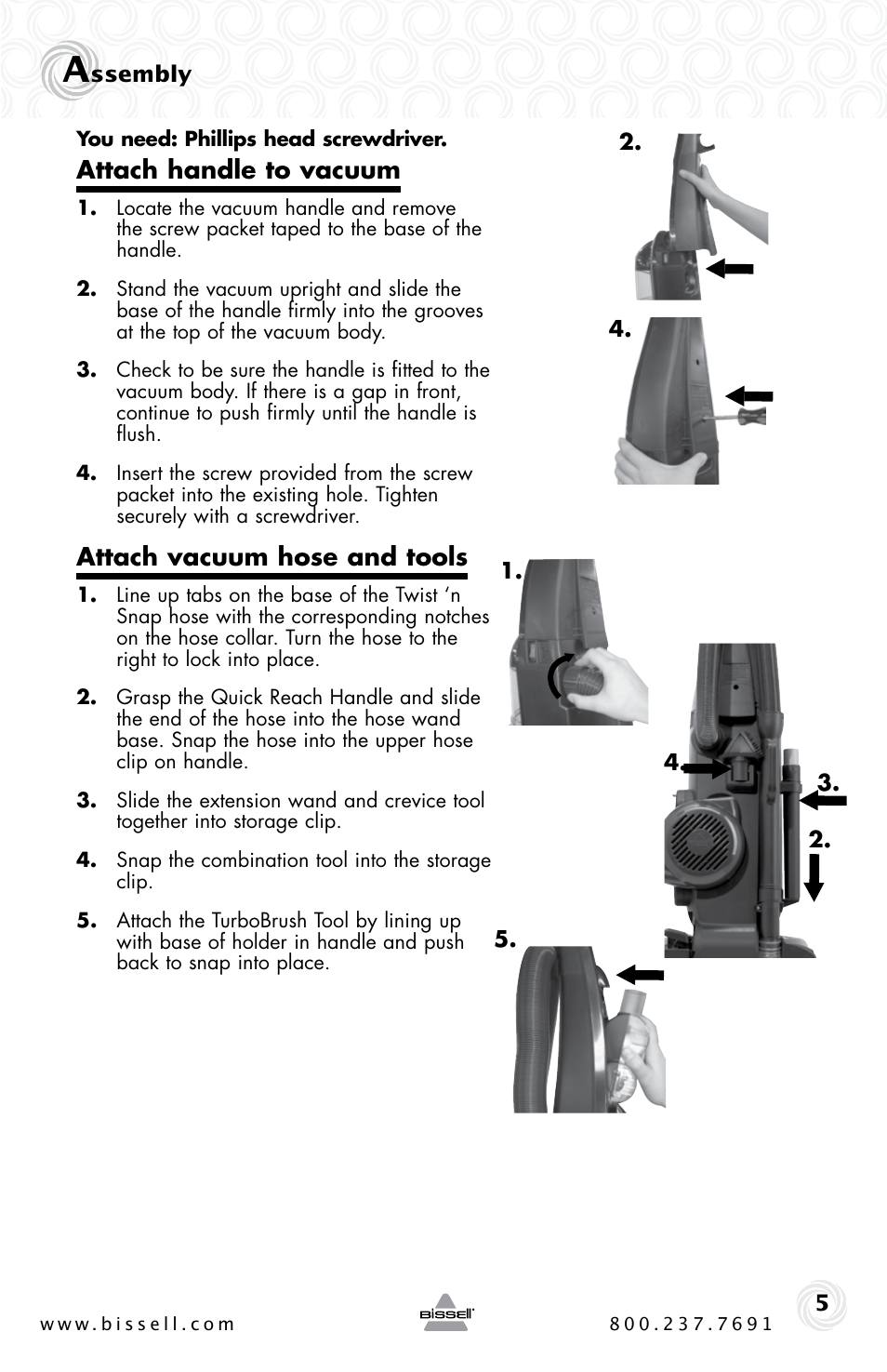 Attach handle to vacuum, Attach vacuum hose and tools | Bissell Power Clean 62X5 User Manual | Page 5 / 16