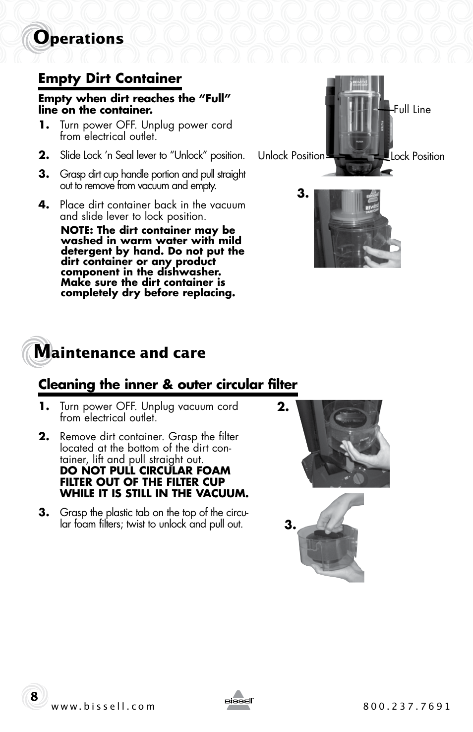Perations, Aintenance and care, Empty dirt container | Cleaning the inner & outer circular filter | Bissell Power Clean 62X5 User Manual | Page 8 / 16