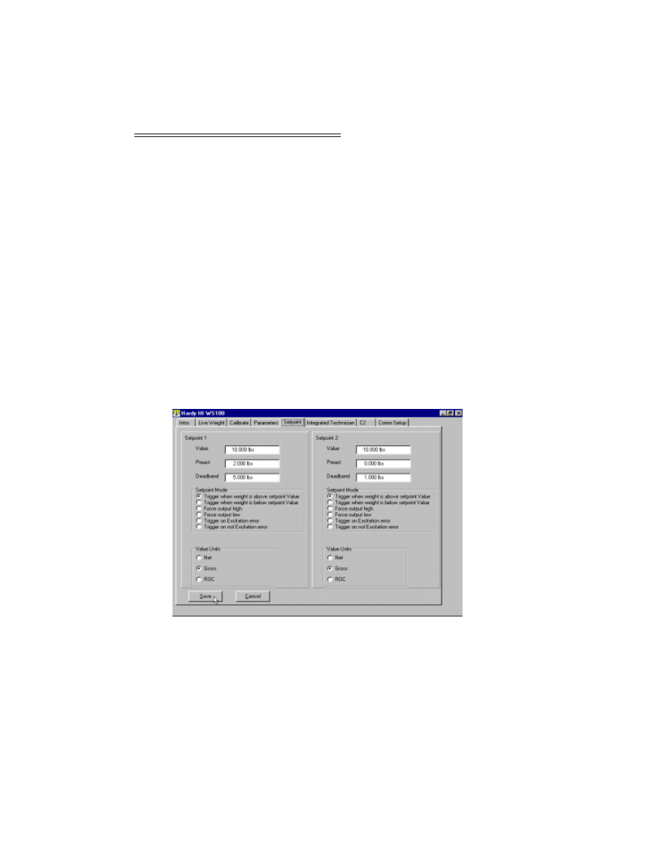 Set point setup procedures, About set points, Three general rules for set points | Set point setup procedures -8, Fig. 5-6 setpoint screen -8 | Hardy WS100 Configuration Software User Manual | Page 35 / 42