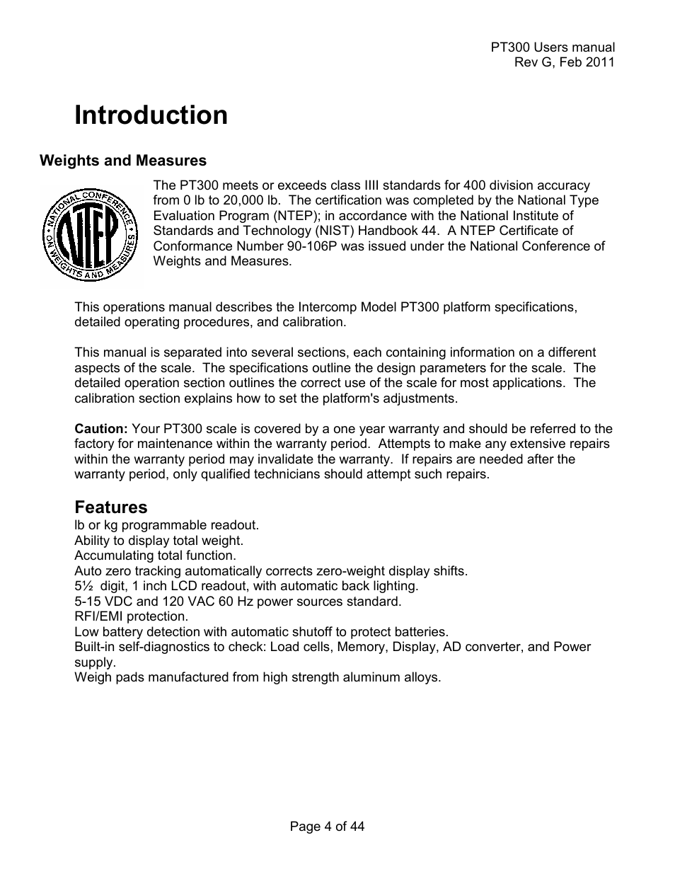 Introduction, Features | Holtgreven Truck Scale Resources User Manual | Page 4 / 44