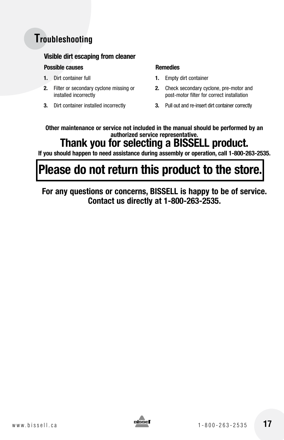 Please do not return this product to the store, Roubleshooting | Bissell 18Z6 User Manual | Page 17 / 20