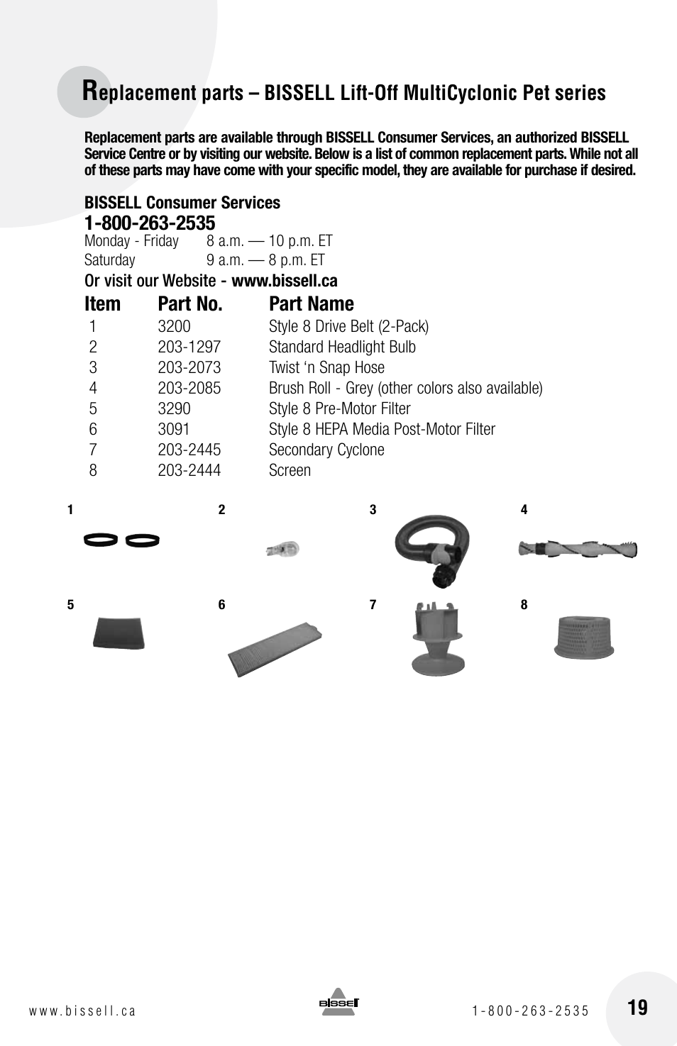 Item part no. part name | Bissell 18Z6 User Manual | Page 19 / 20