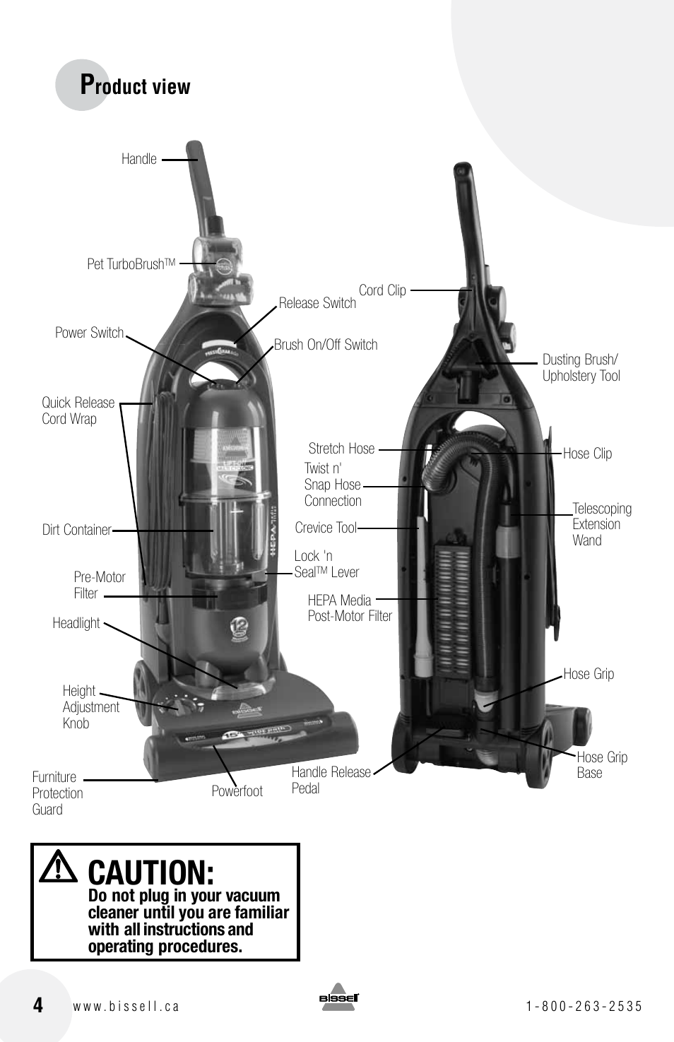 Caution, Roduct view | Bissell 18Z6 User Manual | Page 4 / 20