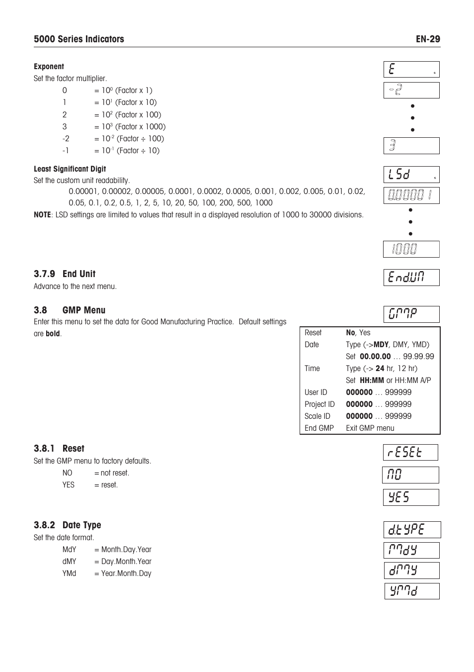 8 gmp menu, 1 reset, 2 date type | Holtgreven Ohaus Defender Series Bench Scales User Manual | Page 31 / 64