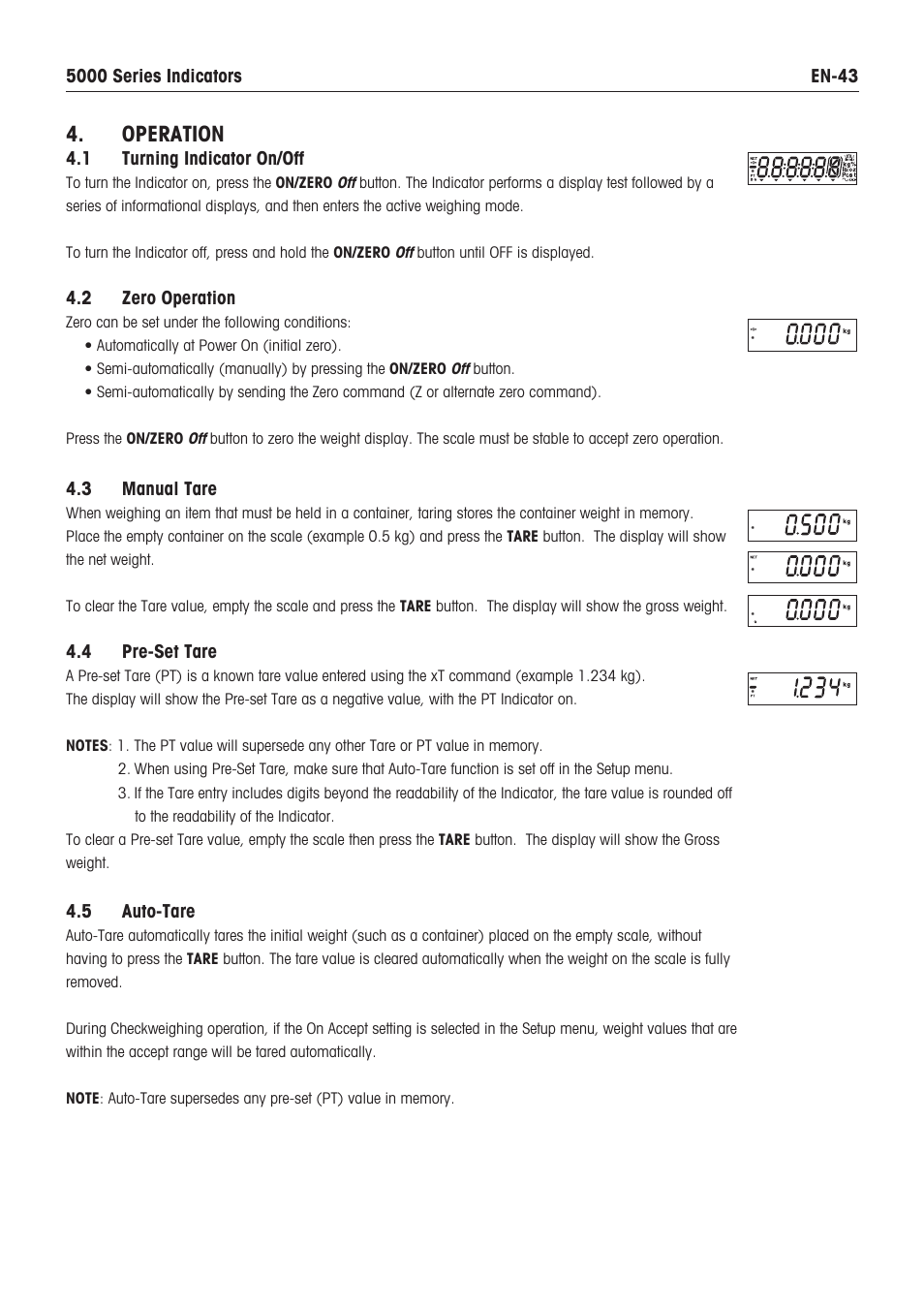 Operation, 1 turning indicator on/off, 2 zero operation | 3 manual tare, 4 pre-set tare, 5 auto-tare | Holtgreven Ohaus Defender Series Bench Scales User Manual | Page 45 / 64