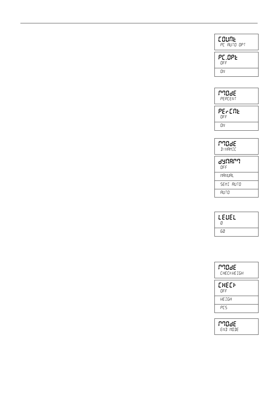 Count, Pc.opt, Mmode | Percnt, Dynamm, Level, Check | Holtgreven Ohaus Defender Series Bench Scales User Manual | Page 29 / 72