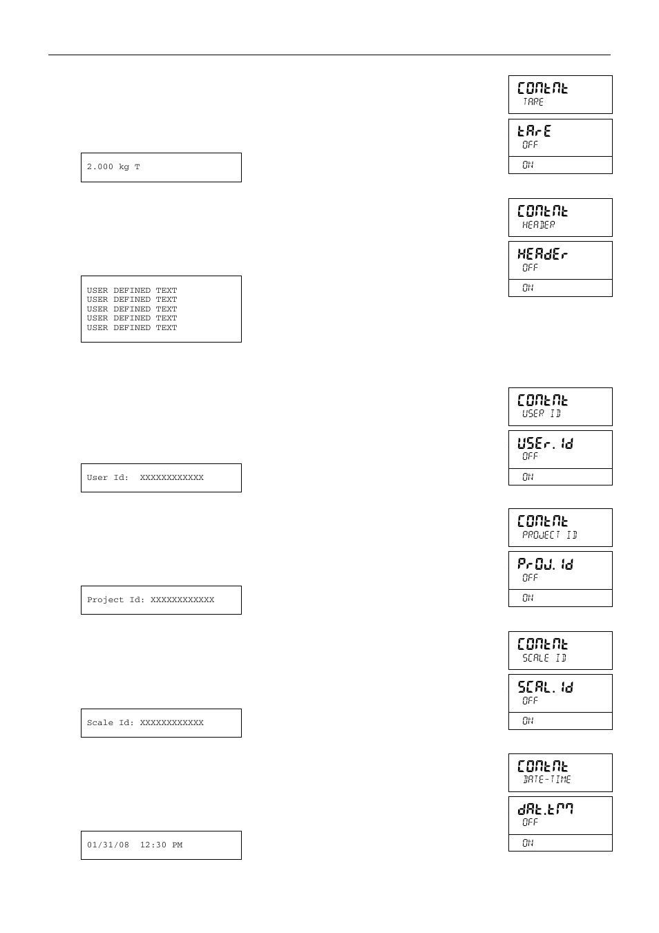Tare, Contnt, Header | User.id, Proj.id, Scal.id, Dat.tmm | Holtgreven Ohaus Defender Series Bench Scales User Manual | Page 35 / 72