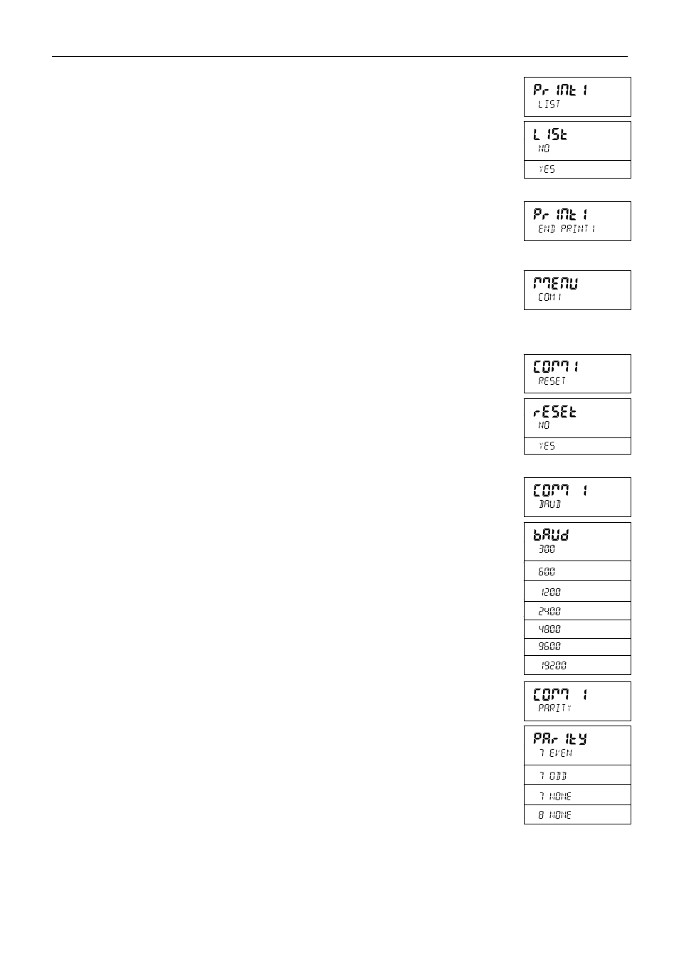 Print1, Mmenu, Comm1 | Reset, Comm 1, Baud, Parity, List | Holtgreven Ohaus Defender Series Bench Scales User Manual | Page 38 / 72