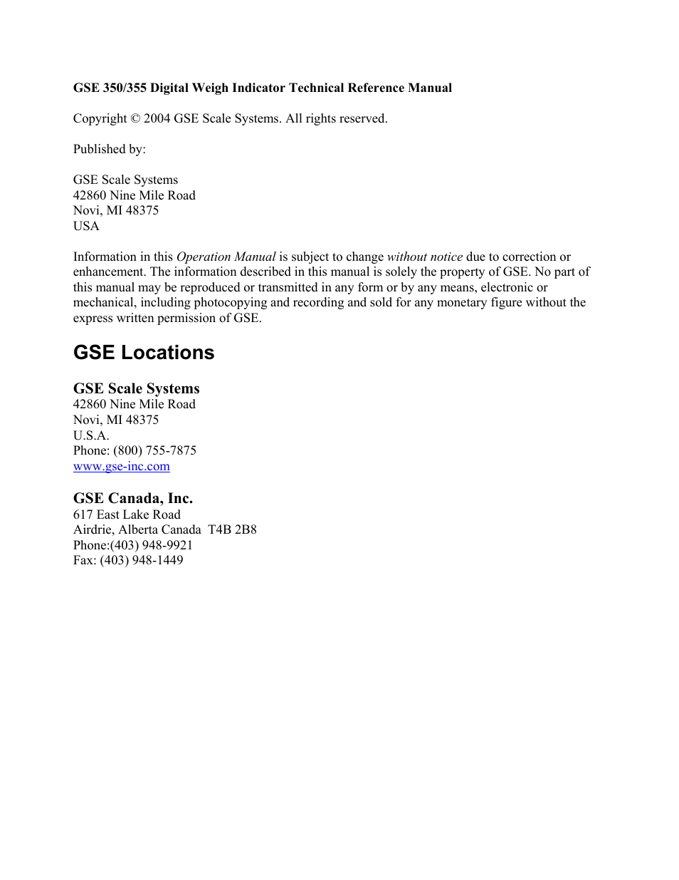 Gse locations, Gse scale systems, Gse canada, inc | Holtgreven GSE-355 I.S. User Manual | Page 4 / 122