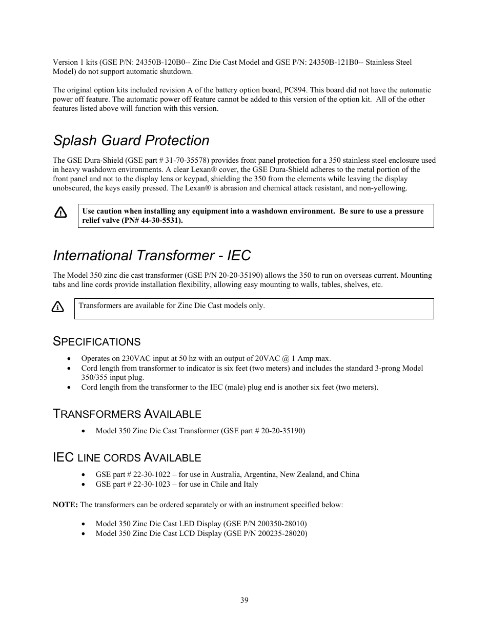 Splash guard protection, International transformer - iec | Holtgreven GSE-355 I.S. User Manual | Page 48 / 122