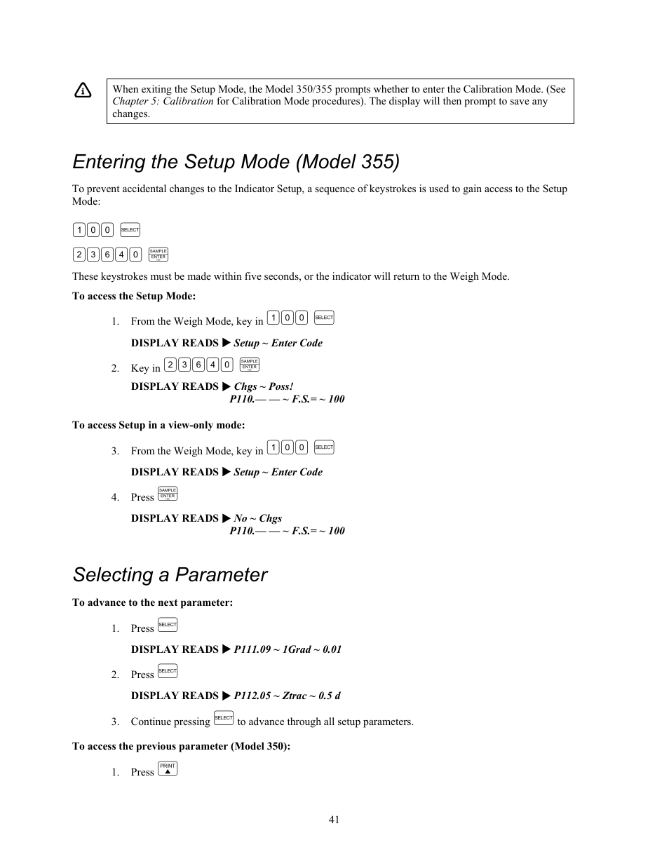 Entering the setup mode (model 355), Selecting a parameter | Holtgreven GSE-355 I.S. User Manual | Page 50 / 122