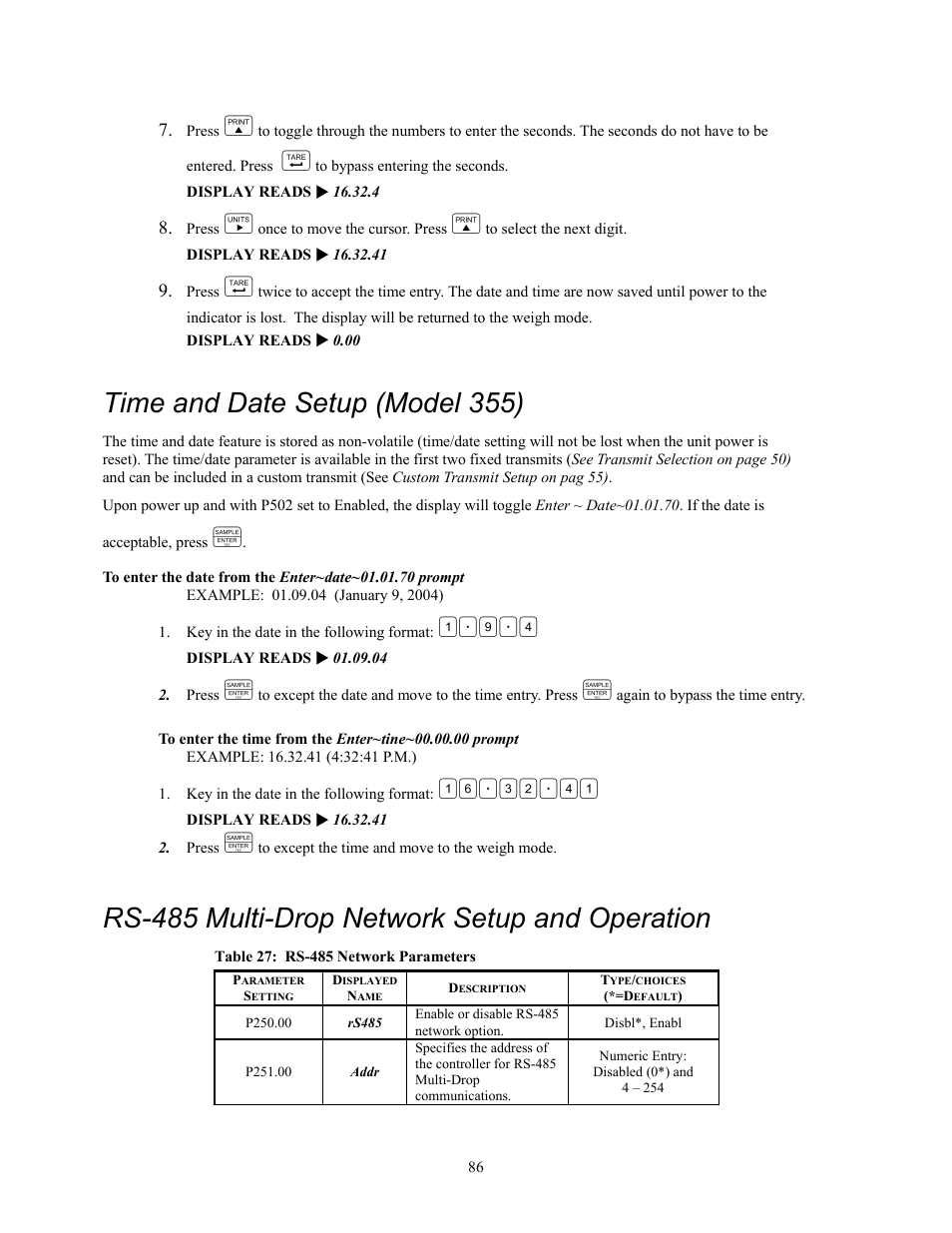 Time and date setup (model 355), Rs-485 multi-drop network setup and operation | Holtgreven GSE-355 I.S. User Manual | Page 95 / 122