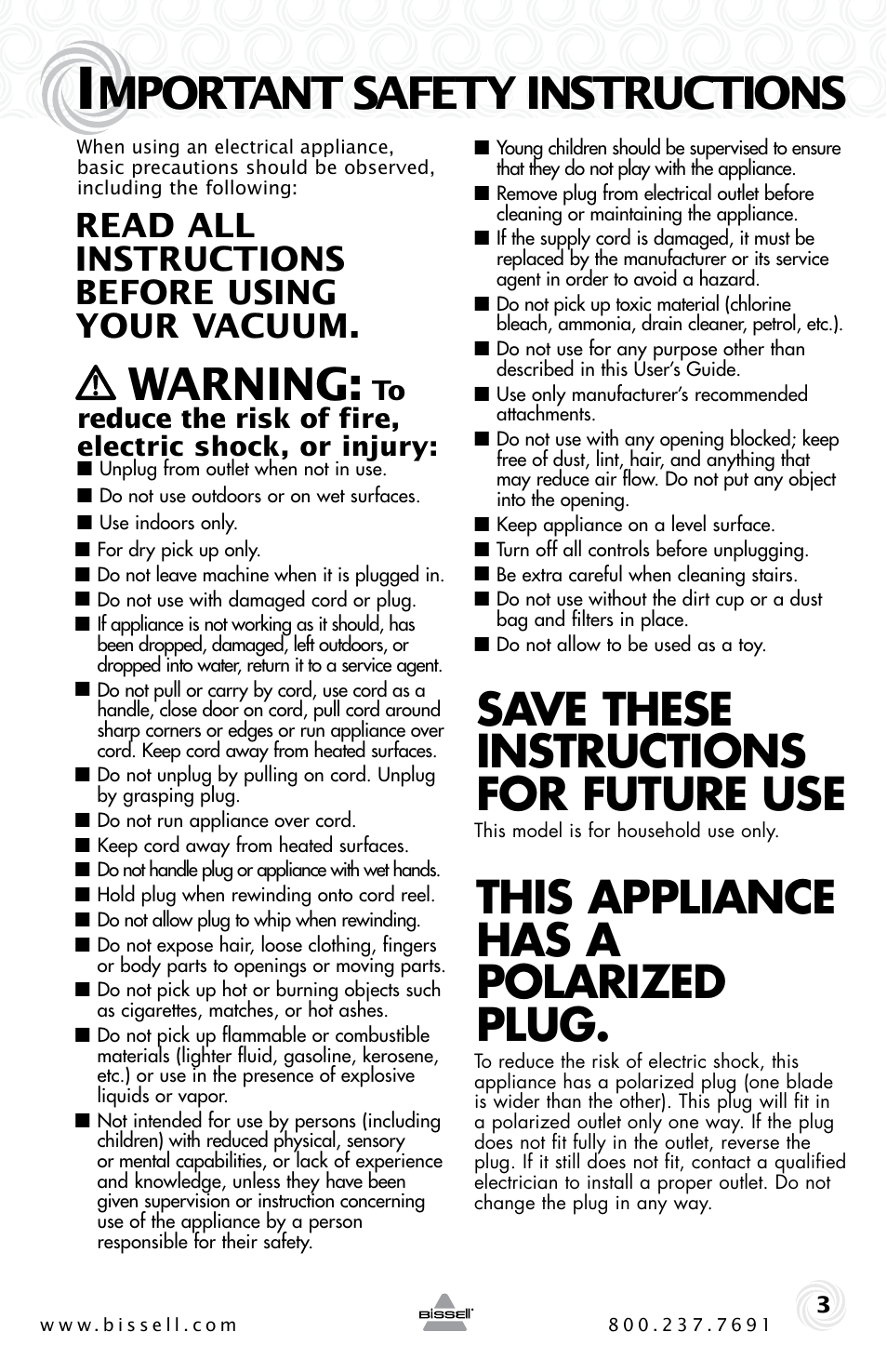 Mportant safety instructions, Warning, Save these instructions for future use | This appliance has a polarized plug, Read all instructions before using your vacuum | Bissell 3-IN-1 VAC 38B1 User Manual | Page 3 / 8