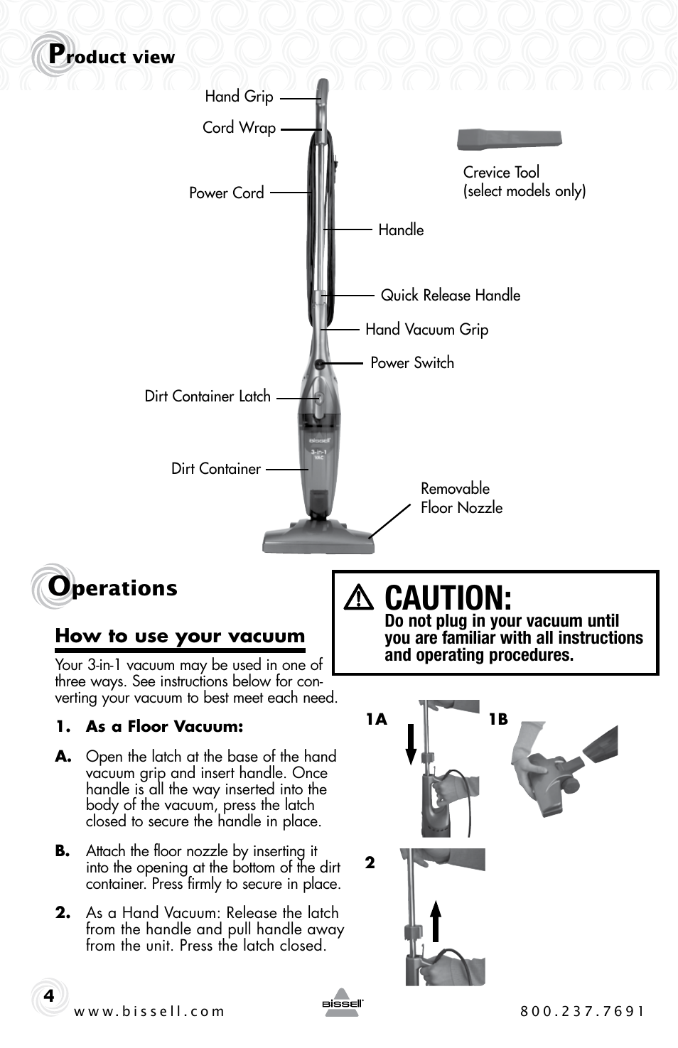 Caution, Perations | Bissell 3-IN-1 VAC 38B1 User Manual | Page 4 / 8