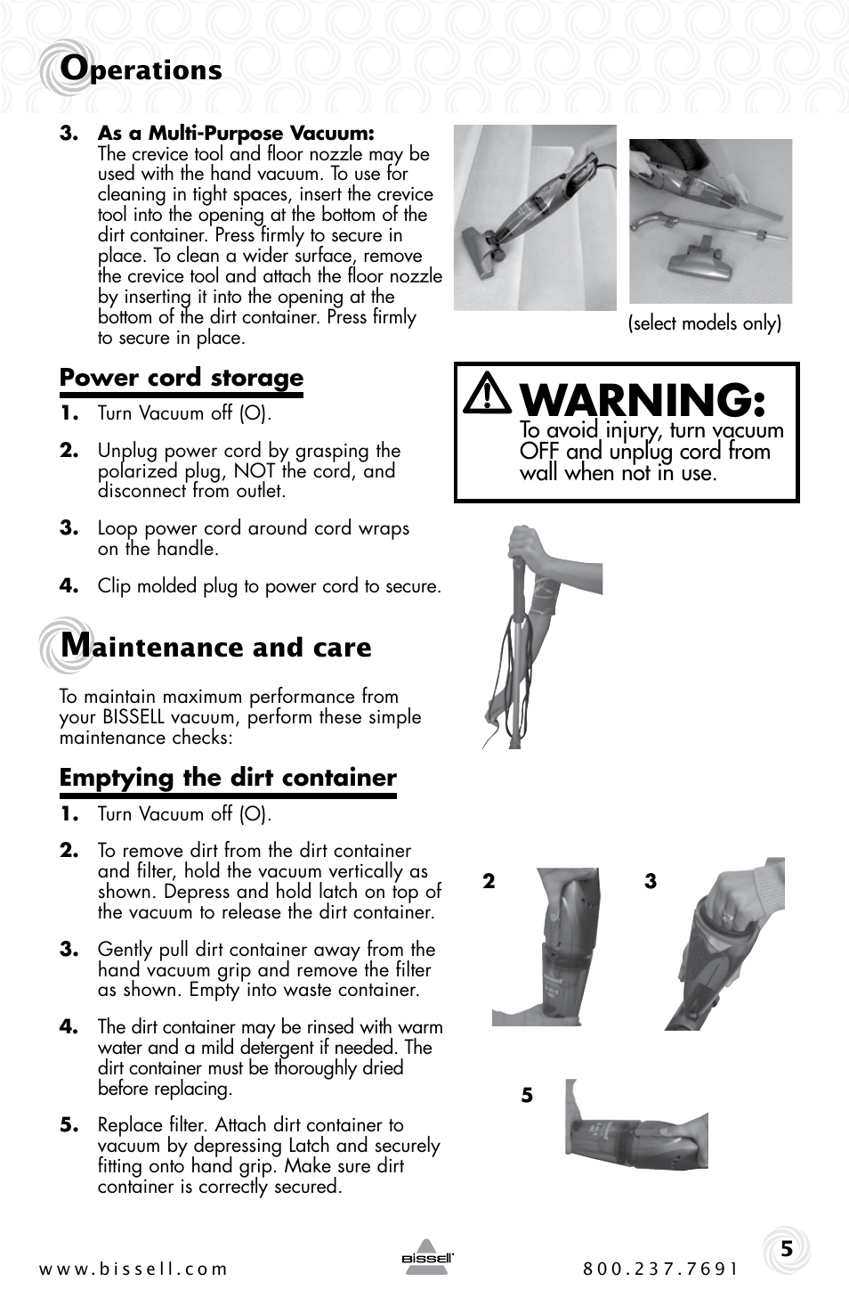 Warning, Perations, Aintenance and care | Bissell 3-IN-1 VAC 38B1 User Manual | Page 5 / 8