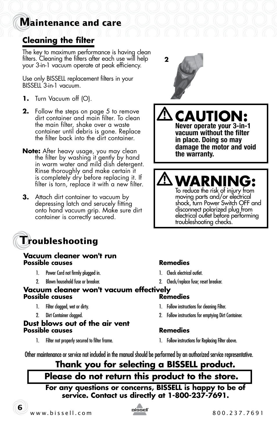 Caution, Warning, Aintenance and care | Roubleshooting | Bissell 3-IN-1 VAC 38B1 User Manual | Page 6 / 8