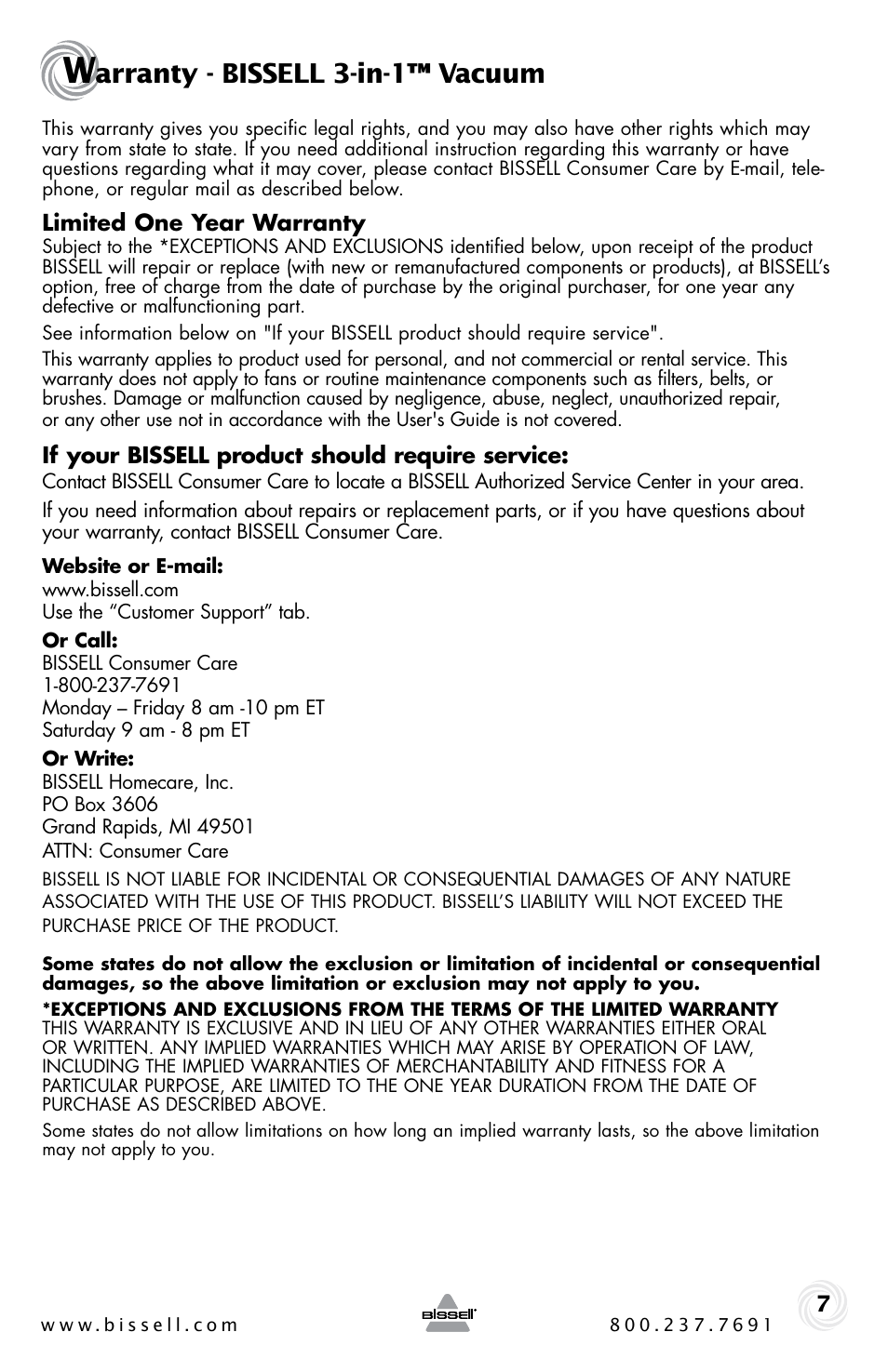 Arranty - bissell 3-in-1™ vacuum | Bissell 3-IN-1 VAC 38B1 User Manual | Page 7 / 8