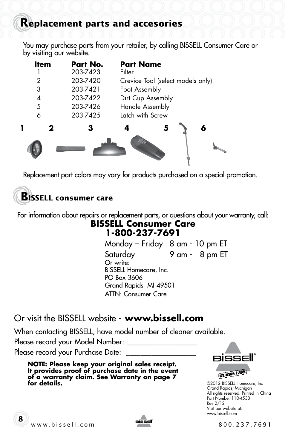 Eplacement parts and accesories | Bissell 3-IN-1 VAC 38B1 User Manual | Page 8 / 8