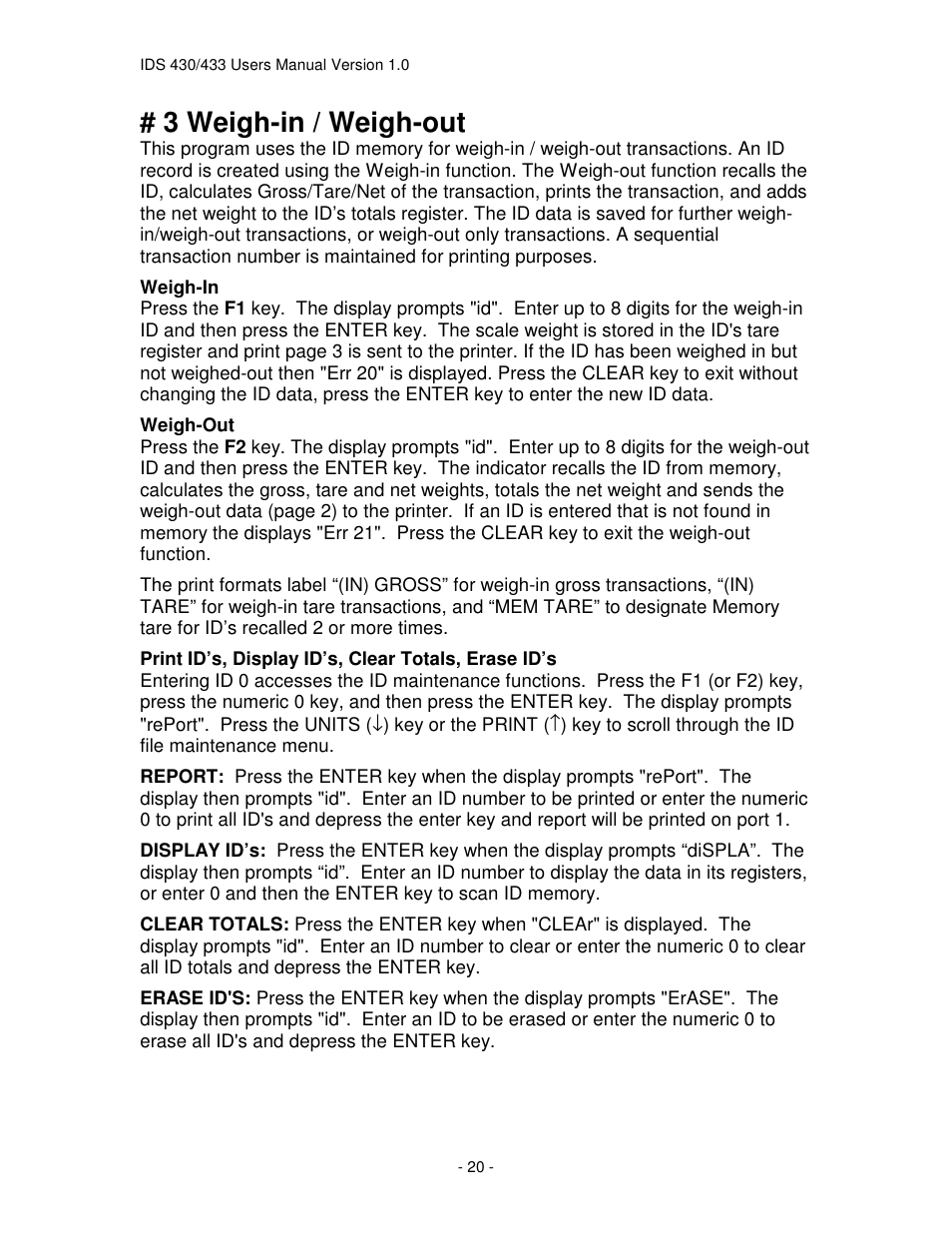 3 weigh-in / weigh-out | Industrial Data Systems IDS 430 User Manual | Page 20 / 67