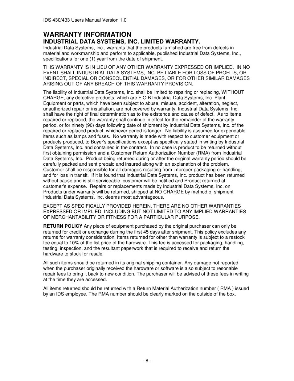 Warranty information | Industrial Data Systems IDS 430 User Manual | Page 8 / 67