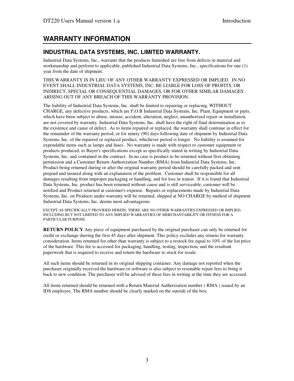 Warranty information | Industrial Data Systems IDS DT220 User Manual | Page 7 / 49
