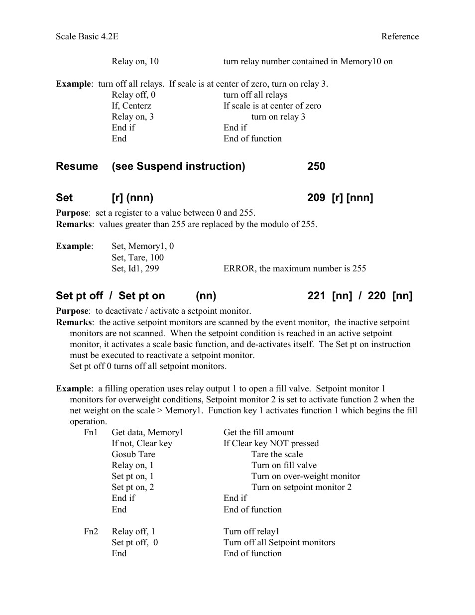 Resume (see suspend instruction) 250, Set [r] (nnn) 209 [r] [nnn, Set pt off / set pt on (nn) 221 [nn] / 220 [nn | Industrial Data Systems IDS Scale Basic User Manual | Page 31 / 53