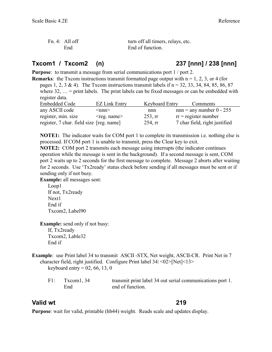 Txcom1 / txcom2 (n) 237 [nnn] / 238 [nnn, Valid wt 219 | Industrial Data Systems IDS Scale Basic User Manual | Page 34 / 53
