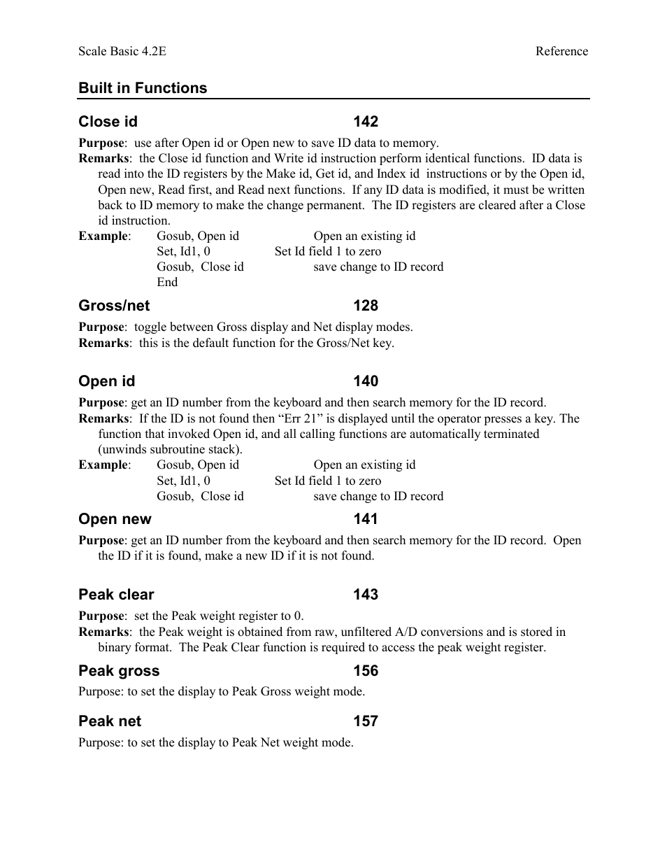 Built in functions, Close id 142, Gross/net 128 | Open id 140, Open new 141, Peak clear 143, Peak gross 156, Peak net 157 | Industrial Data Systems IDS Scale Basic User Manual | Page 39 / 53