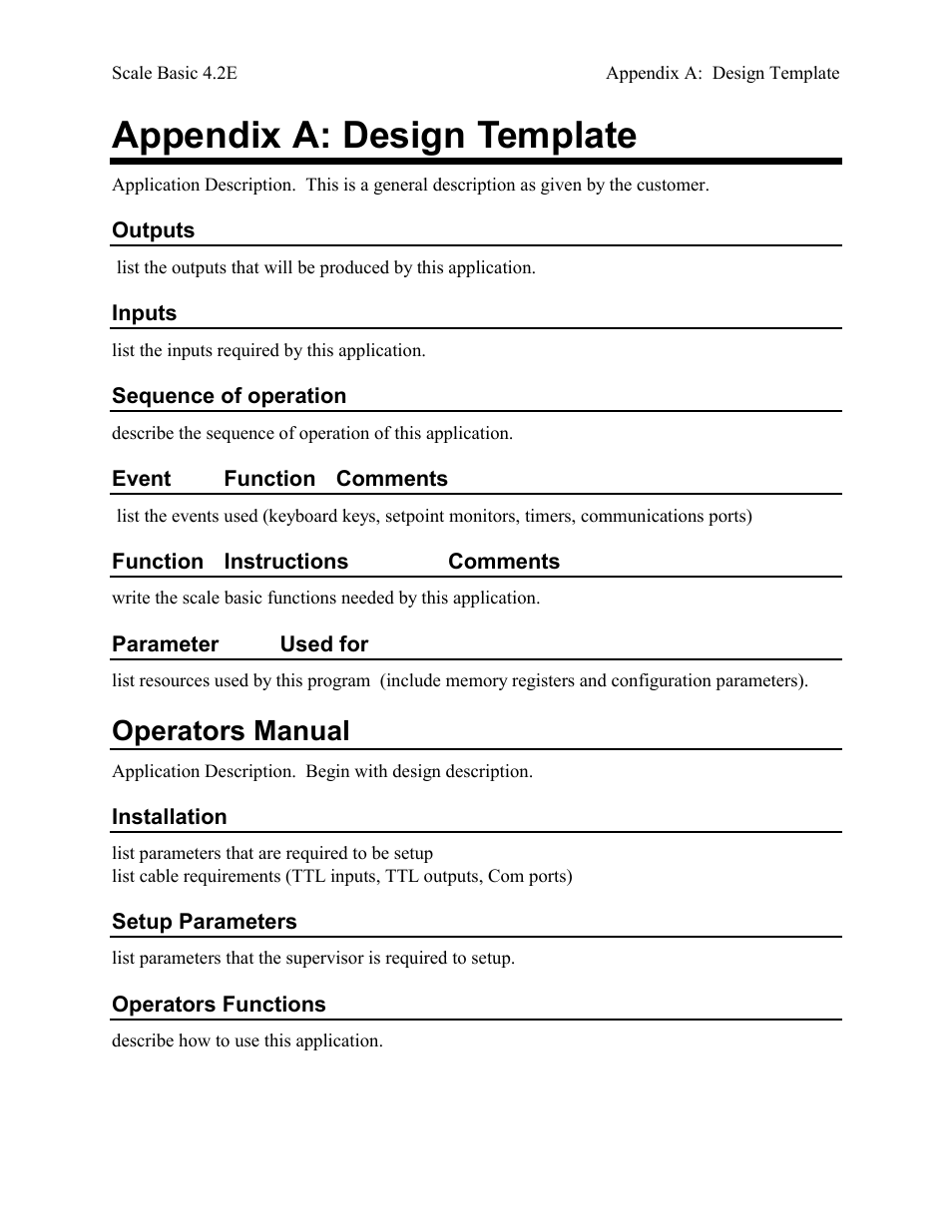 Appendix a: design template, Outputs, Inputs | Sequence of operation, Event function comments, Function instructions comments, Parameter used for, Operators manual, Installation, Setup parameters | Industrial Data Systems IDS Scale Basic User Manual | Page 53 / 53