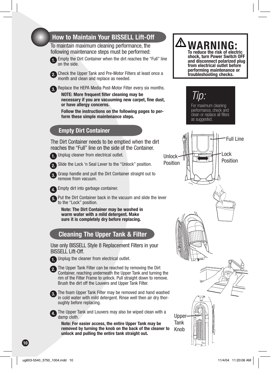Warning, How to maintain your bissell lift-off, Cleaning the upper tank & filter | Empty dirt container | Bissell 6801 EN User Manual | Page 10 / 16