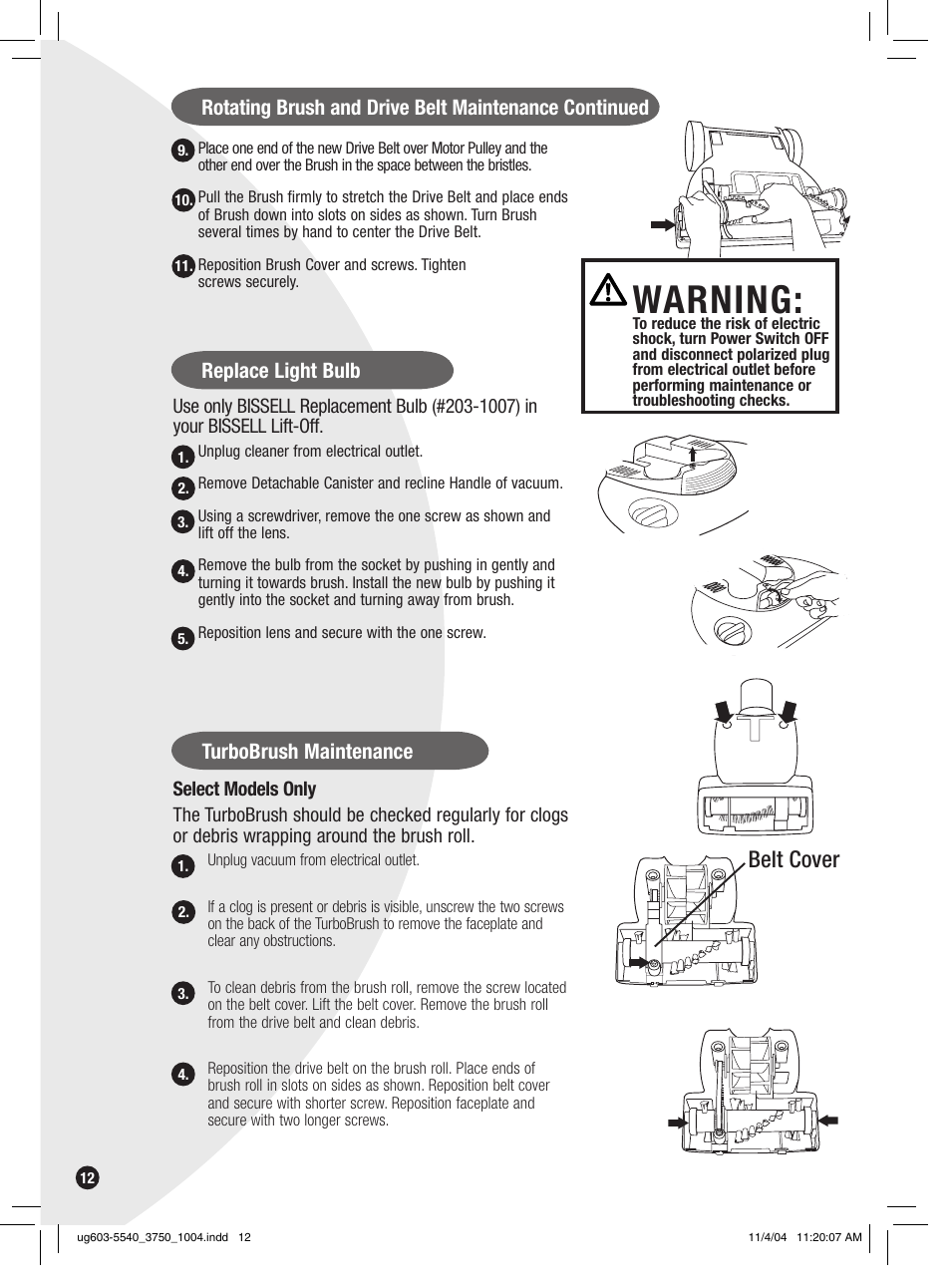 Warning, Belt cover, Replace light bulb | Turbobrush maintenance | Bissell 6801 EN User Manual | Page 12 / 16