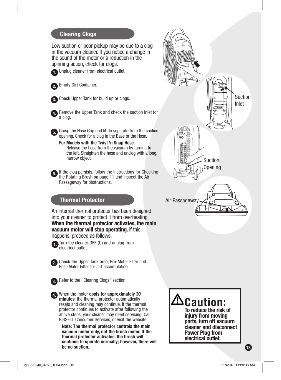 Caution, Clearing clogs, Thermal protector | Bissell 6801 EN User Manual | Page 13 / 16