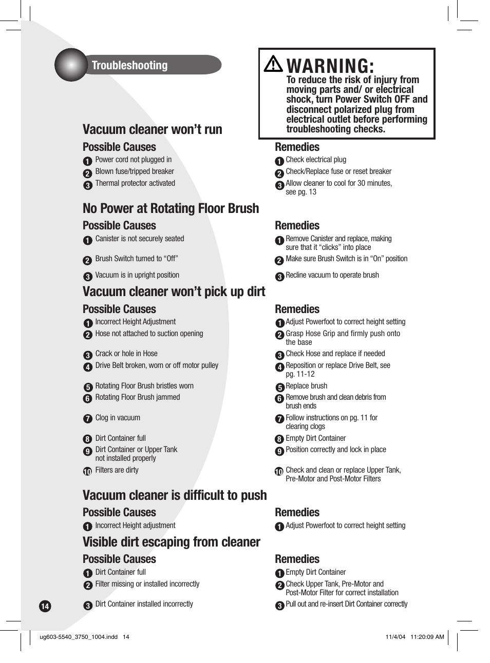 Warning, Vacuum cleaner won’t run, No power at rotating floor brush | Vacuum cleaner won’t pick up dirt, Vacuum cleaner is difficult to push, Visible dirt escaping from cleaner, Possible causes, Remedies, Troubleshooting | Bissell 6801 EN User Manual | Page 14 / 16