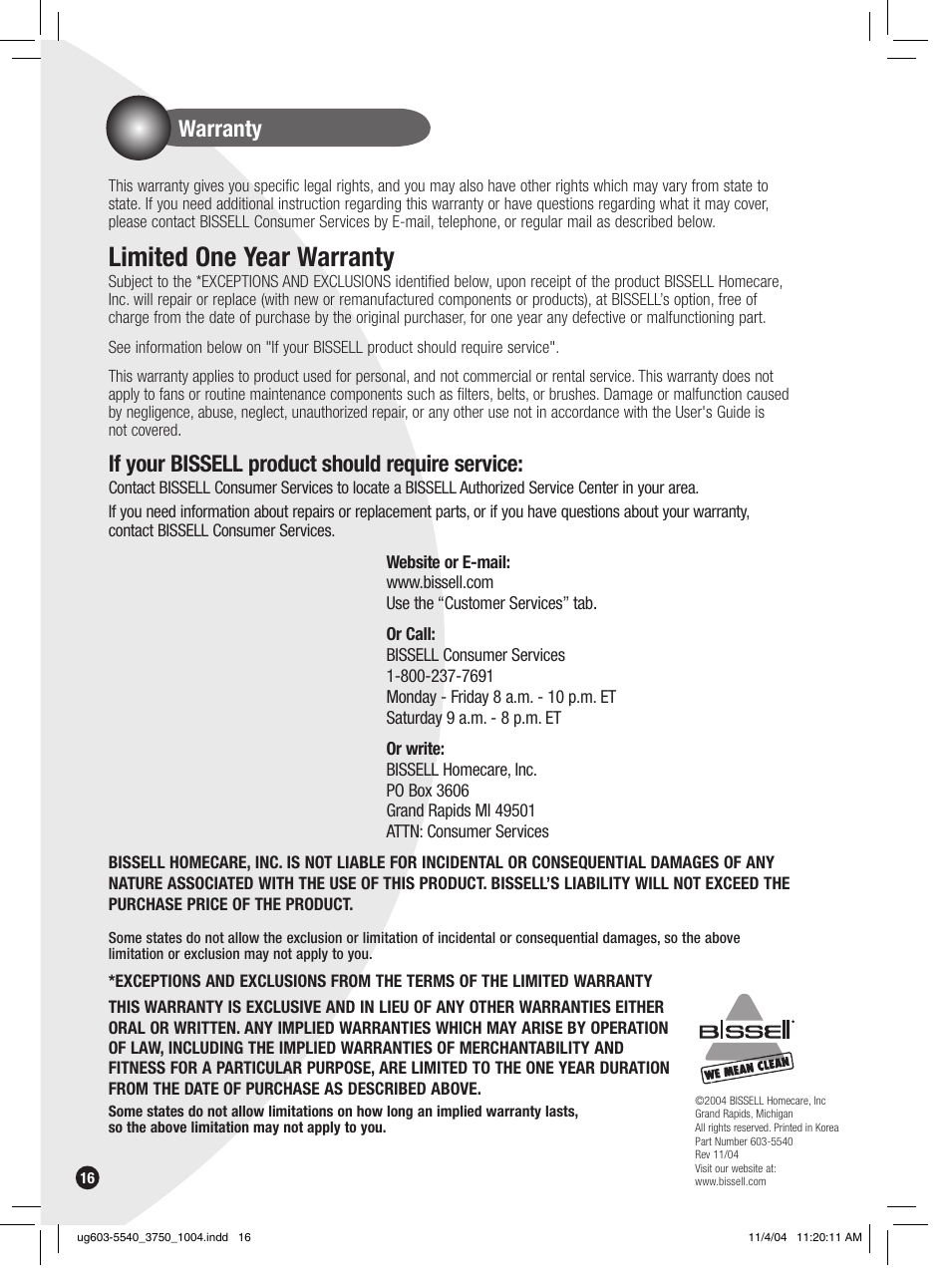 Limited one year warranty, Warranty, If your bissell product should require service | Bissell 6801 EN User Manual | Page 16 / 16
