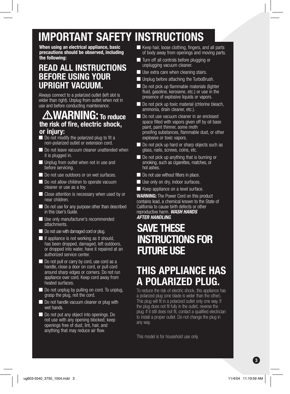 Important safety instructions, Warning, Save these instructions for future use | This appliance has a polarized plug | Bissell 6801 EN User Manual | Page 3 / 16