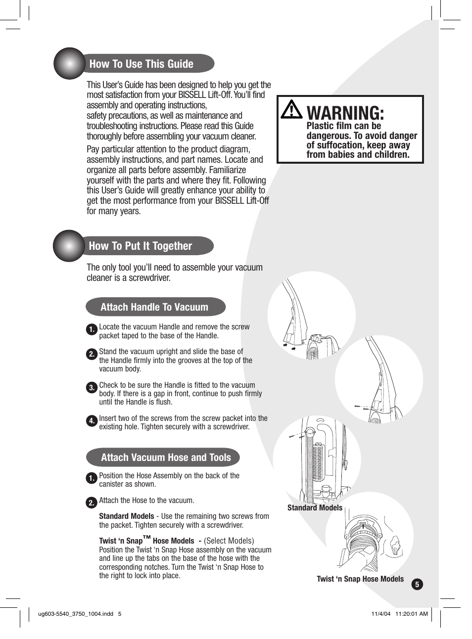 Warning, How to use this guide, How to put it together | Attach handle to vacuum, Attach vacuum hose and tools | Bissell 6801 EN User Manual | Page 5 / 16
