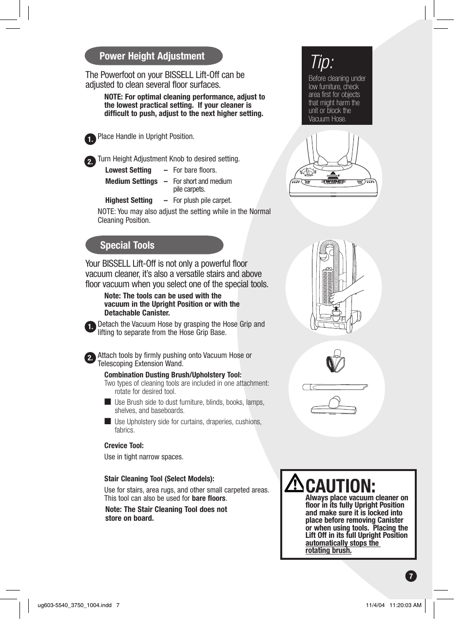 Caution, Power height adjustment, Special tools | Bissell 6801 EN User Manual | Page 7 / 16