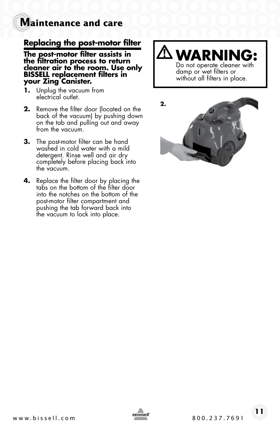 Warning, Aintenance and care | Bissell 6489 User Manual | Page 11 / 32