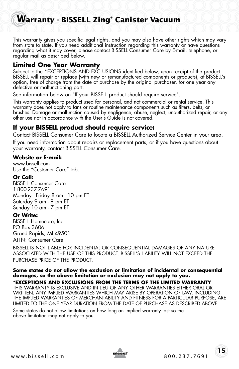 Arranty - bissell zing, Canister vacuum | Bissell 6489 User Manual | Page 15 / 32