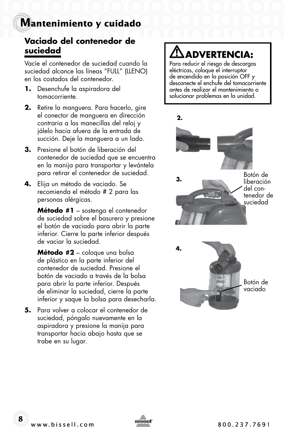 Advertencia, Antenimiento y cuidado, Vaciado del contenedor de suciedad | Bissell 6489 User Manual | Page 24 / 32