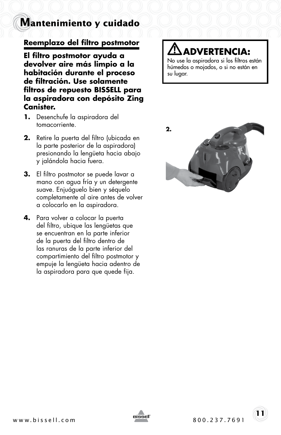 Advertencia, Antenimiento y cuidado | Bissell 6489 User Manual | Page 27 / 32