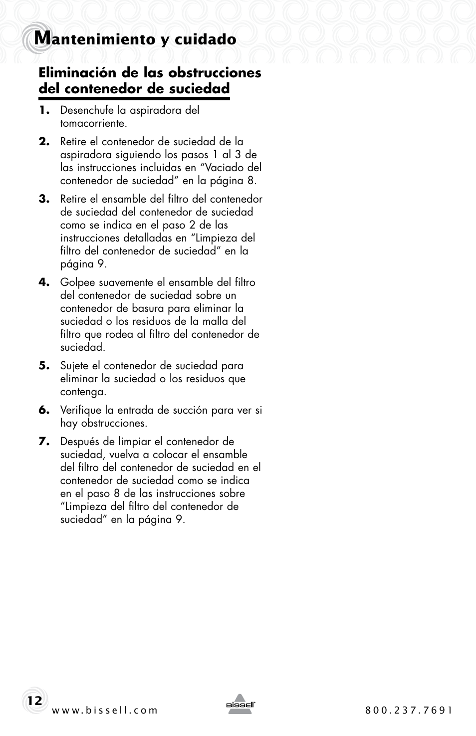 Antenimiento y cuidado | Bissell 6489 User Manual | Page 28 / 32