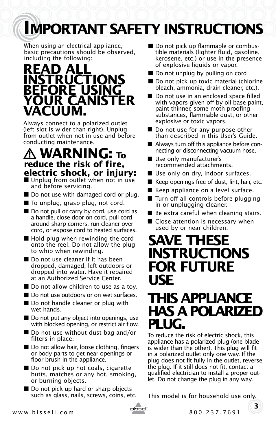 Mportant safety instructions, Warning | Bissell 6489 User Manual | Page 3 / 32