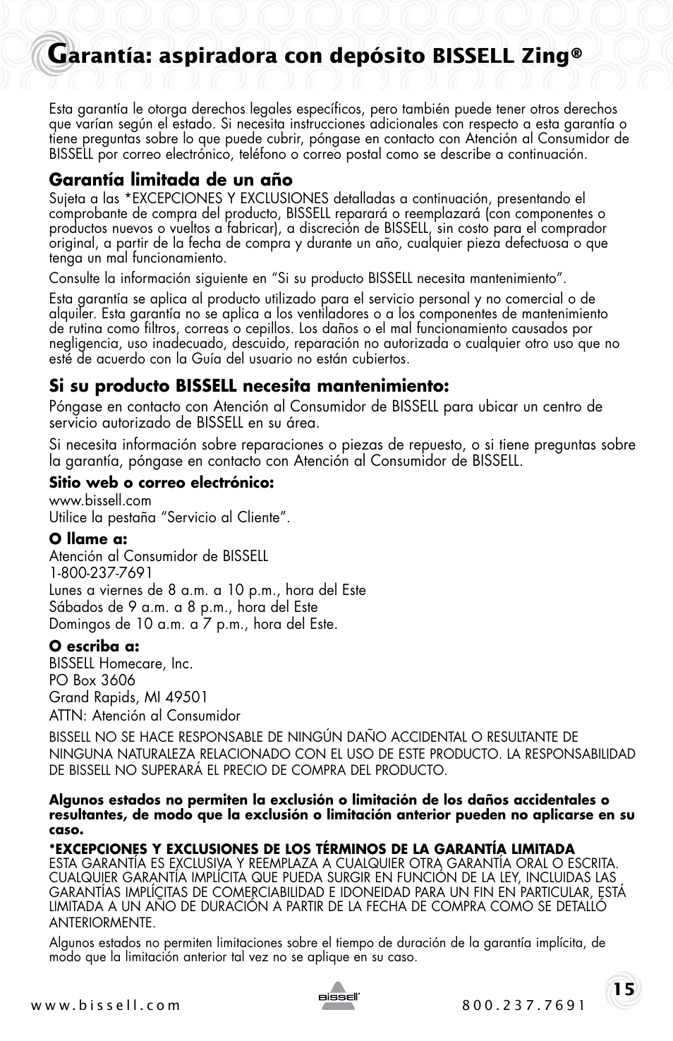 Arantía: aspiradora con depósito bissell zing | Bissell 6489 User Manual | Page 31 / 32