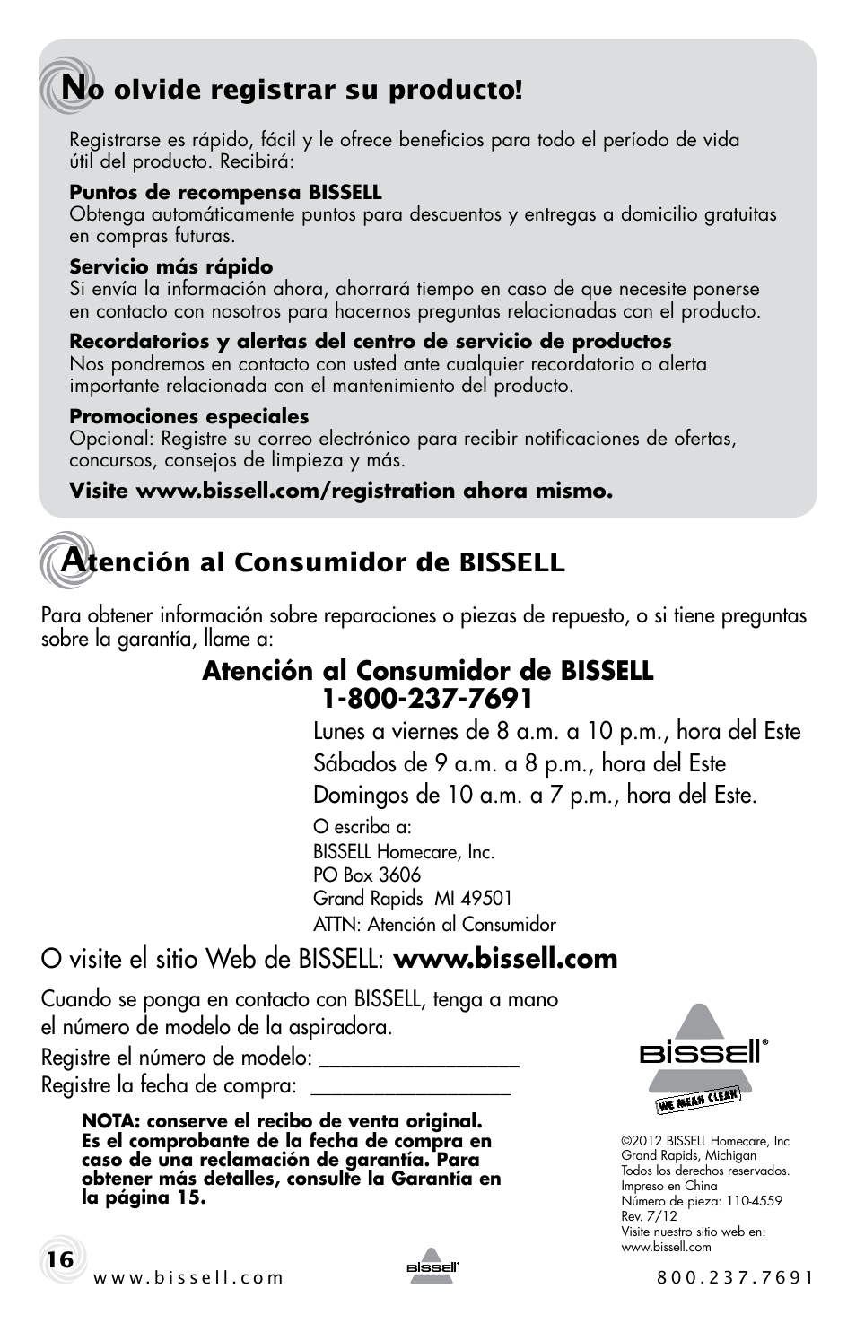 Tención al consumidor de bissell, O olvide registrar su producto | Bissell 6489 User Manual | Page 32 / 32