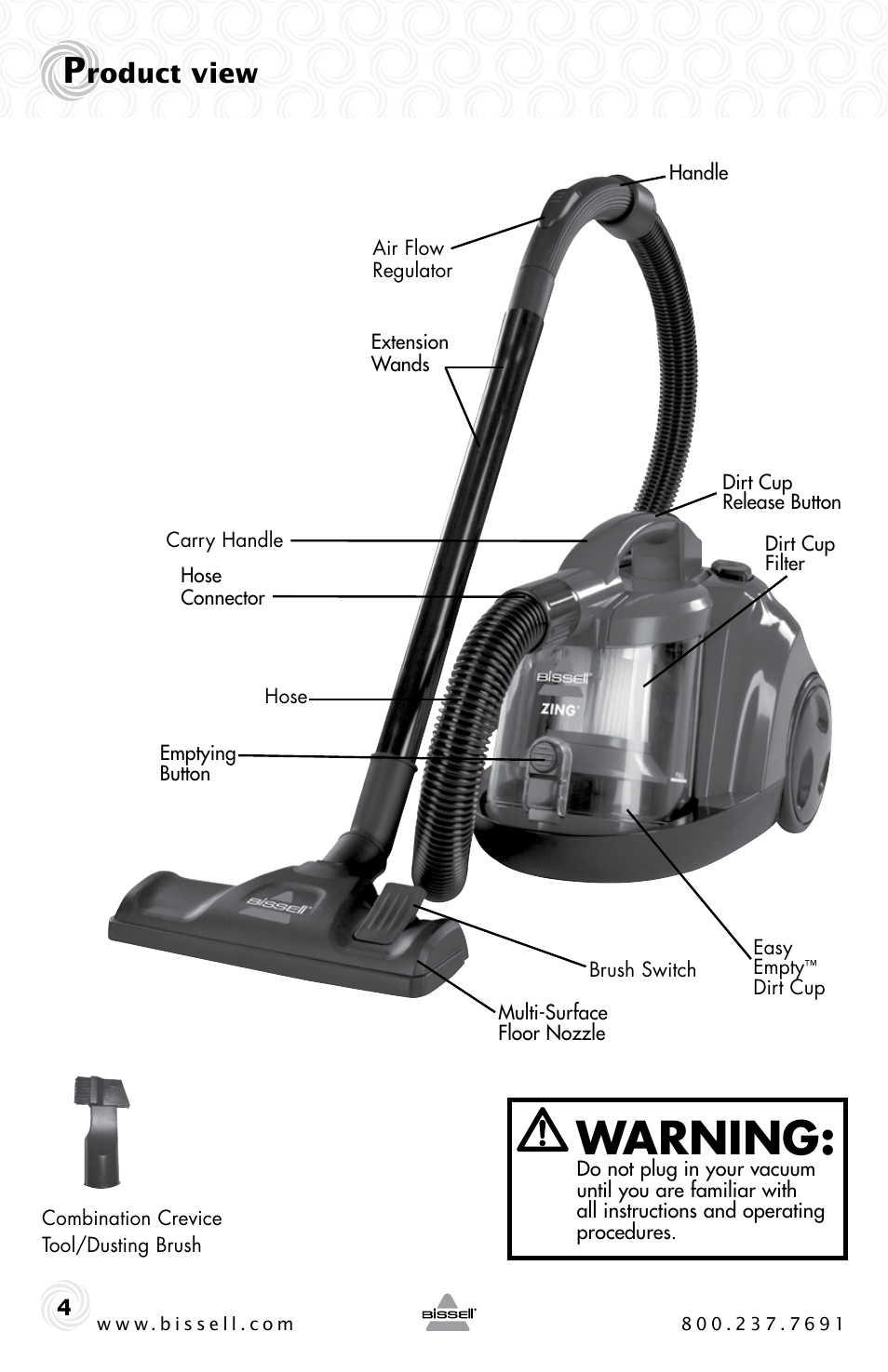 Warning, Roduct view | Bissell 6489 User Manual | Page 4 / 32